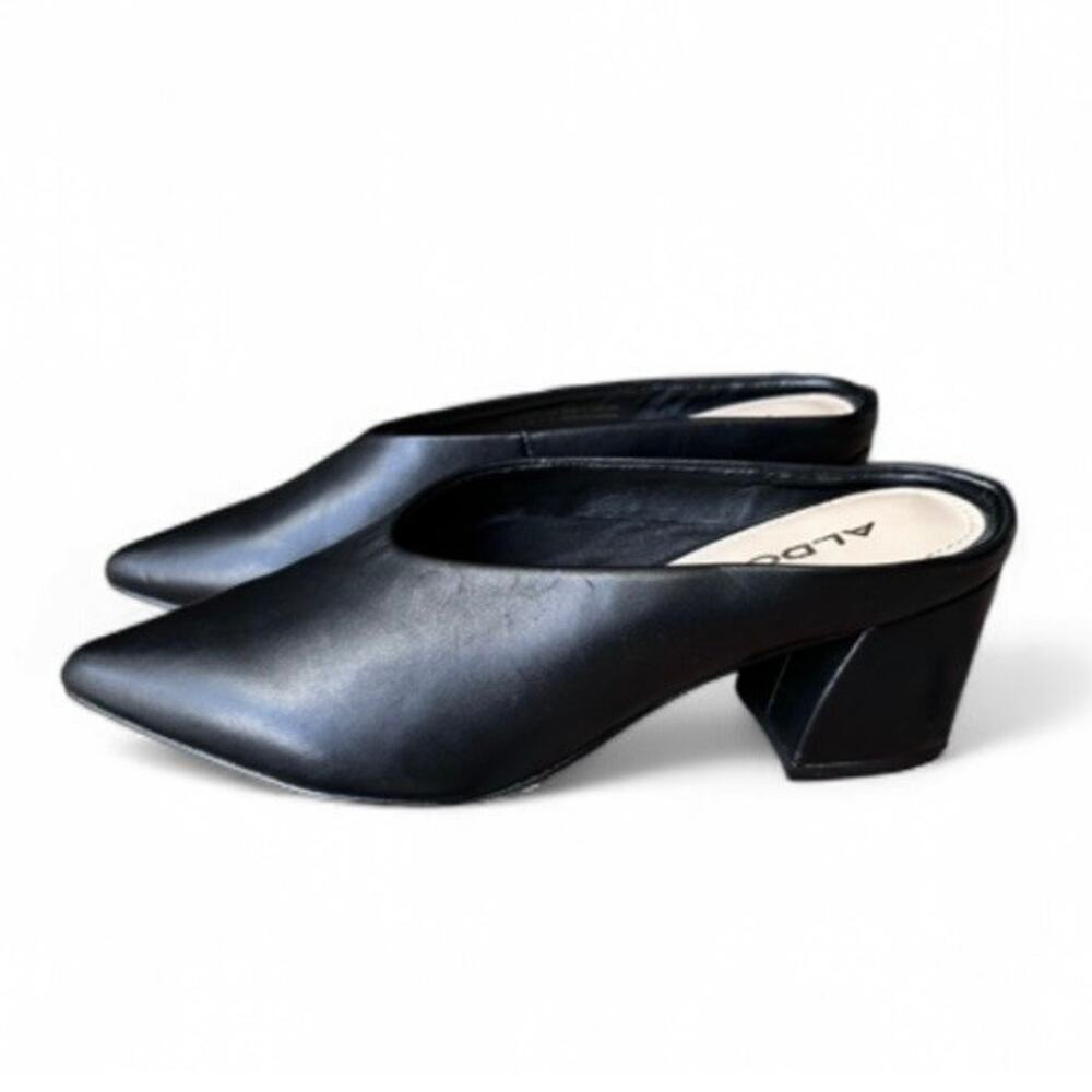 Aldo Black Leather Slip On Mules Block Heel Pointed Toe Women’s Size 7.5
